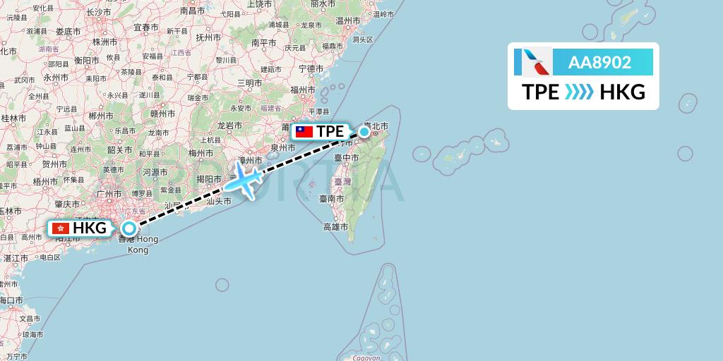 AA8902 American Airlines Flight Map: Taipei to Hong Kong