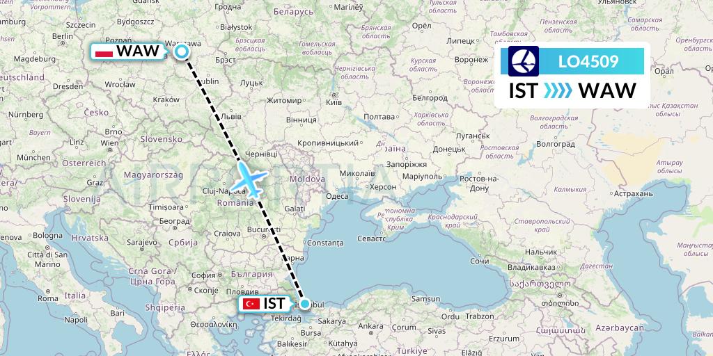 LO4509 LOT Flight Map: Istanbul to Warsaw