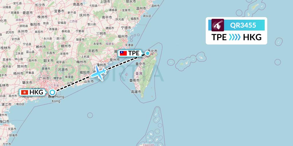 QR3455 Qatar Airways Flight Map: Taipei to Hong Kong