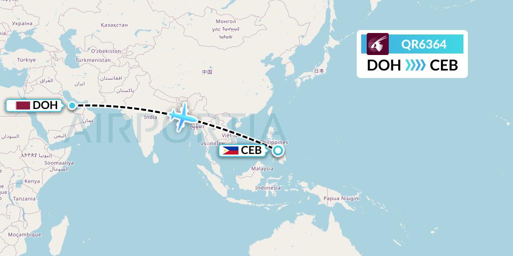 QR6364 Qatar Airways Flight Map: Doha to Cebu