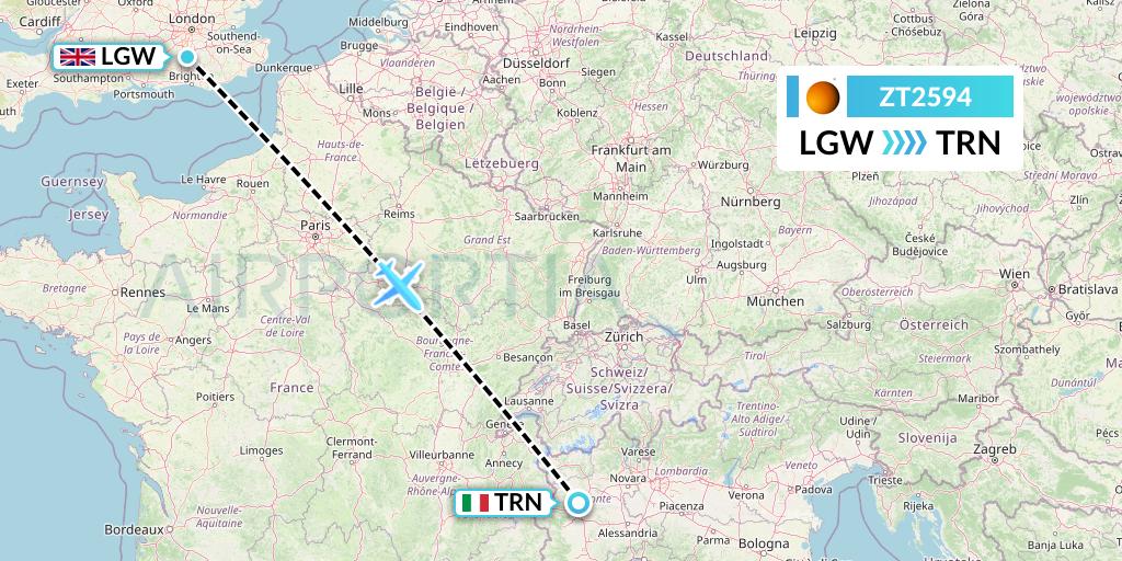 ZT2594 Titan Airways Flight Map: London to Turin