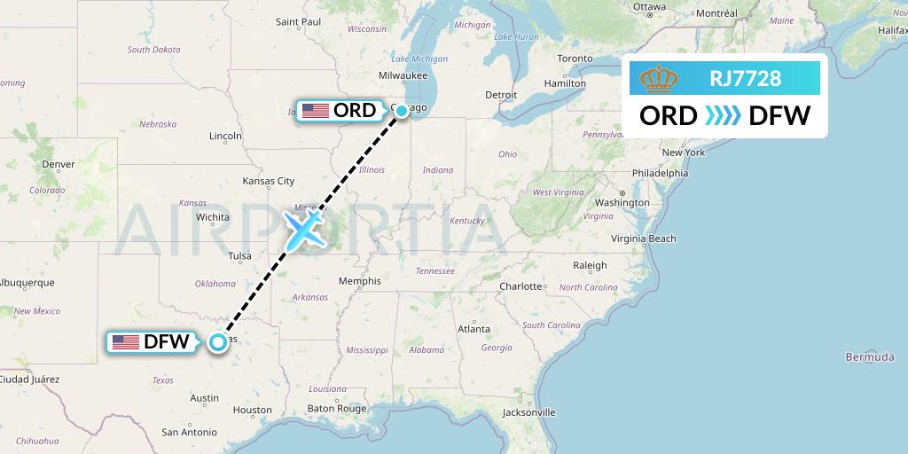 RJ7728 Royal Jordanian Flight Map: Chicago to Dallas