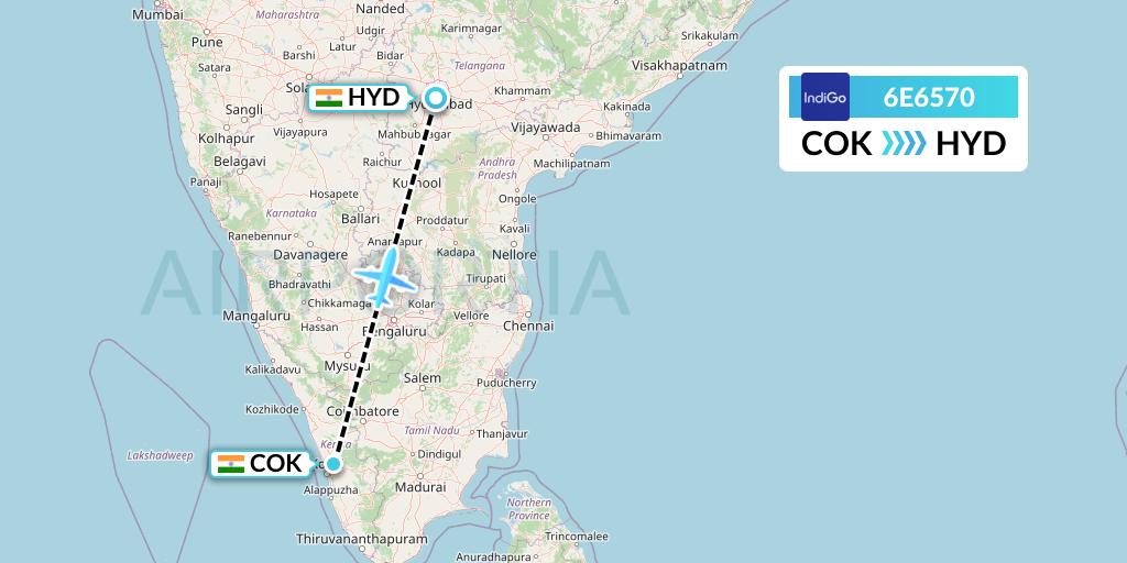 6E6570 IndiGo Airlines Flight Map: Cochin to Hyderabad