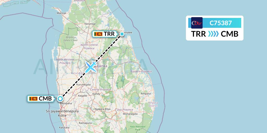 C75387 Cinnamon Air Flight Map: Trincomalee to Colombo