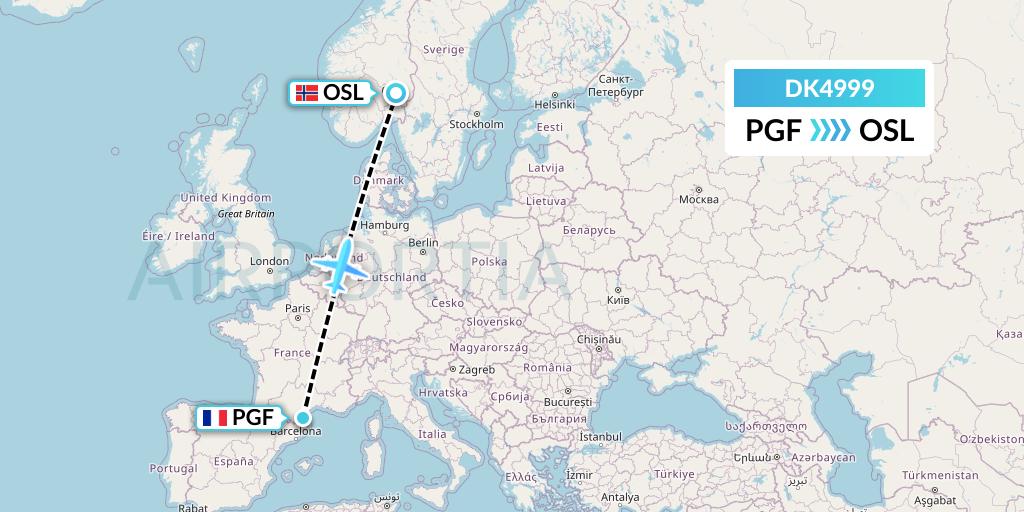 DK4999 Thomas Cook Airlines Scandinavia Flight Map: Perpignan to Oslo