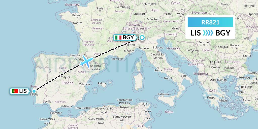 RR821 Royal Air Force Flight Map: Lisbon to Milan