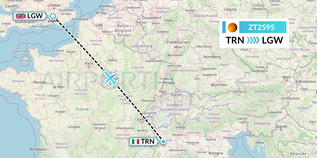 ZT2595 Titan Airways Flight Map: Turin to London