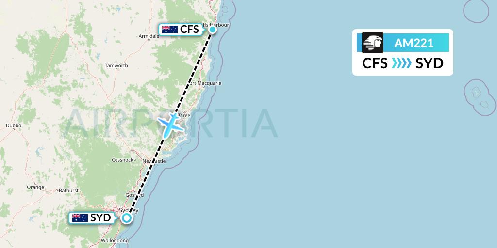 AM221 Aeromexico Flight Map: Coffs Harbour to Sydney