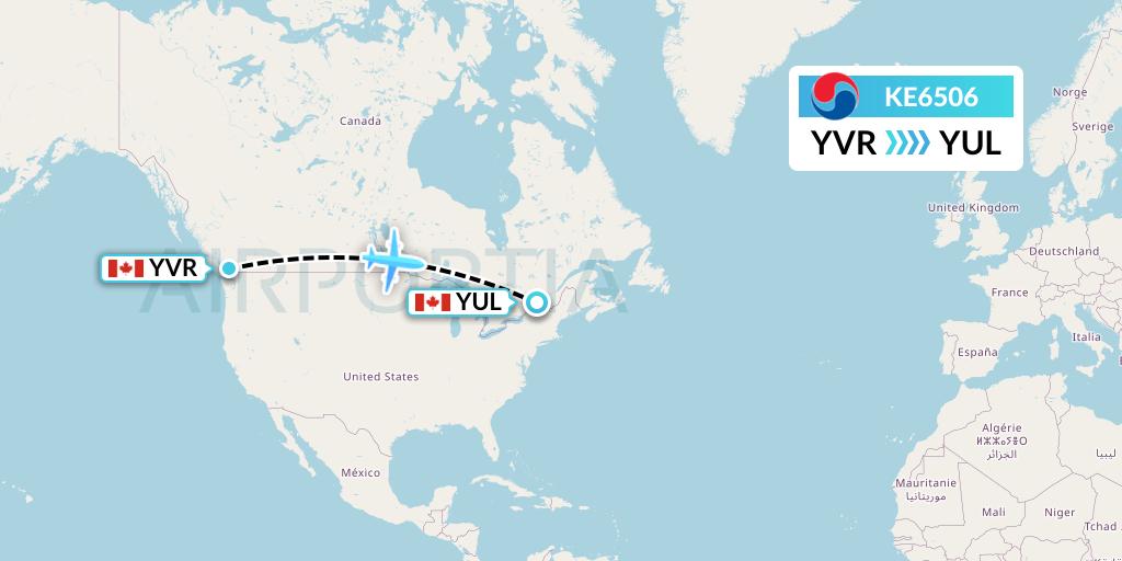 KE6506 Korean Air Flight Map: Vancouver to Montreal