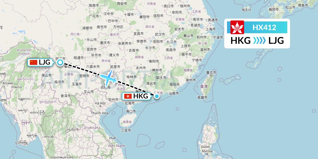 HX412 Hong Kong Airlines Flight Map: Hong Kong to Lijiang