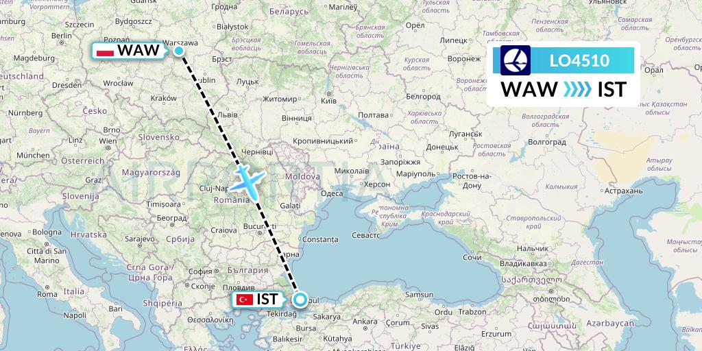 LO4510 LOT Flight Map: Warsaw to Istanbul
