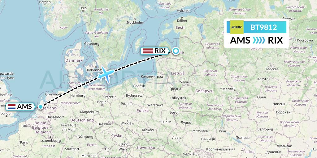 BT9812 Air Baltic Flight Map: Amsterdam to Riga