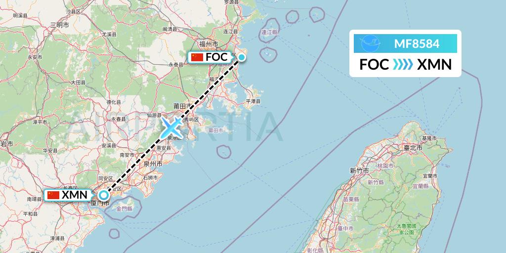 MF8584 Xiamen Airlines Flight Map: Fuzhou to Xiamen