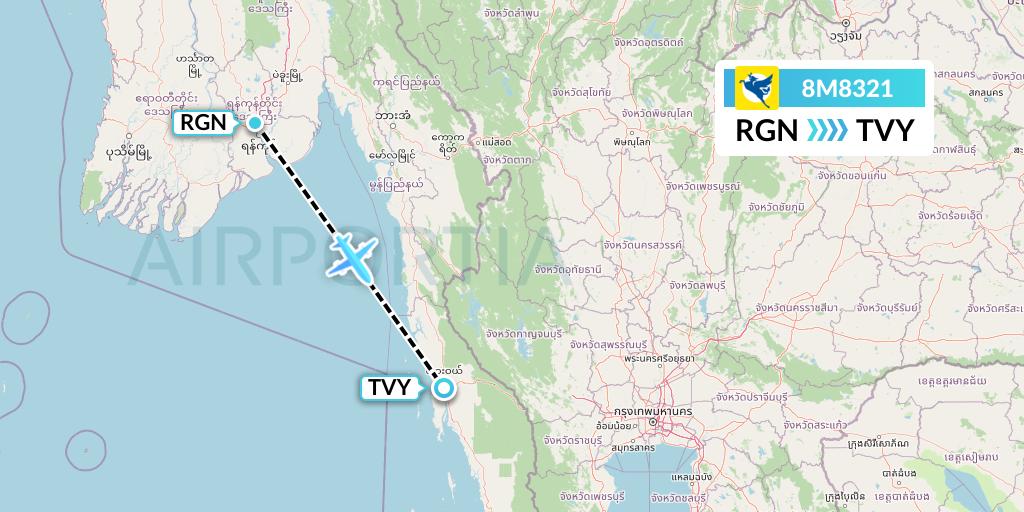 8M8321 Myanmar Airways International Flight Map: Yangon to Dawei