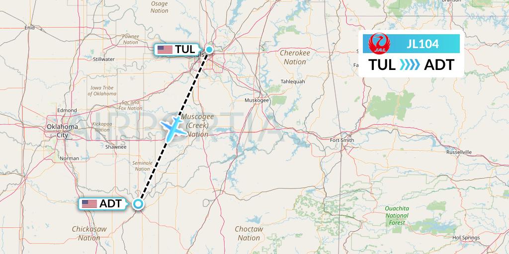 JL104 Japan Airlines Flight Map: Tulsa to Ada