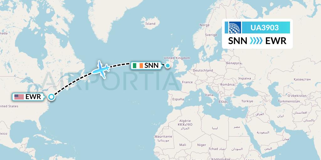 UA3903 United Airlines Flight Map: Shannon to New York