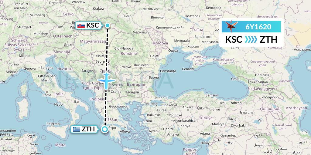 6Y1620 SmartLynx Flight Map: Kosice to Zakynthos
