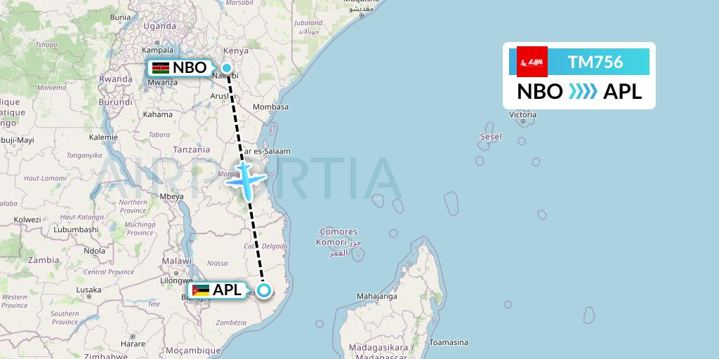 TM756 LAM Mozambique Airlines Flight Map: Nairobi to Nampula