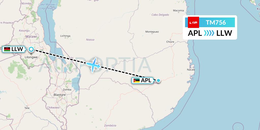 TM756 LAM Mozambique Airlines Flight Map: Nampula to Lilongwe