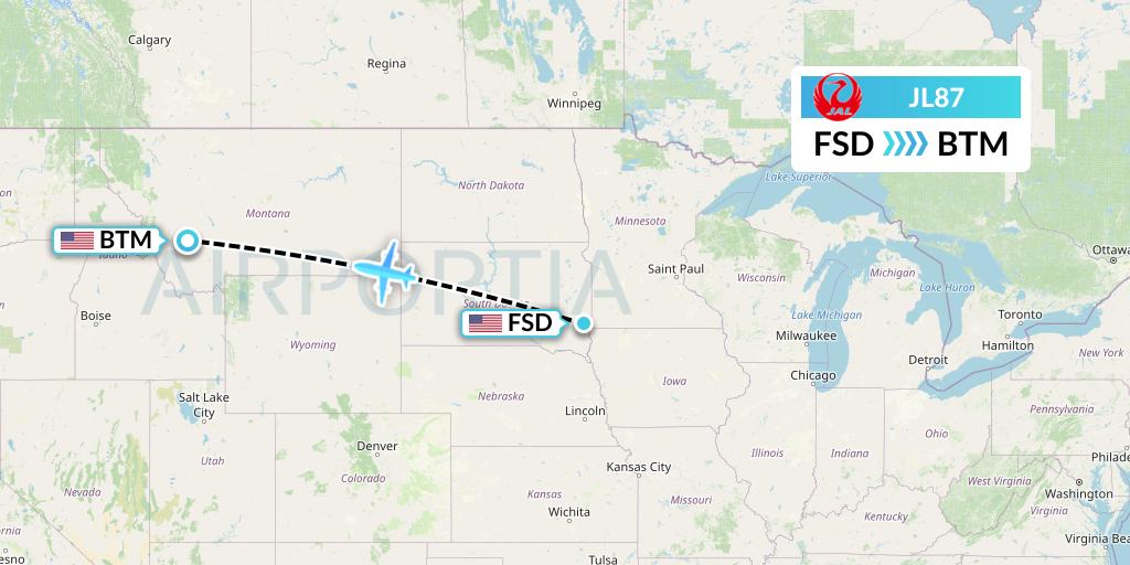 JL87 Japan Airlines Flight Map: Sioux Falls to Butte