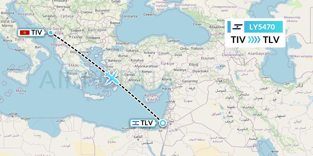 LY5470 El Al Flight Map: Tivat to Tel Aviv