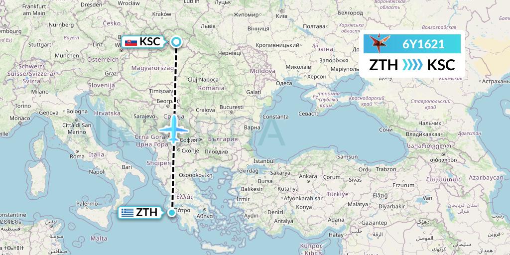 6Y1621 SmartLynx Flight Map: Zakynthos to Kosice