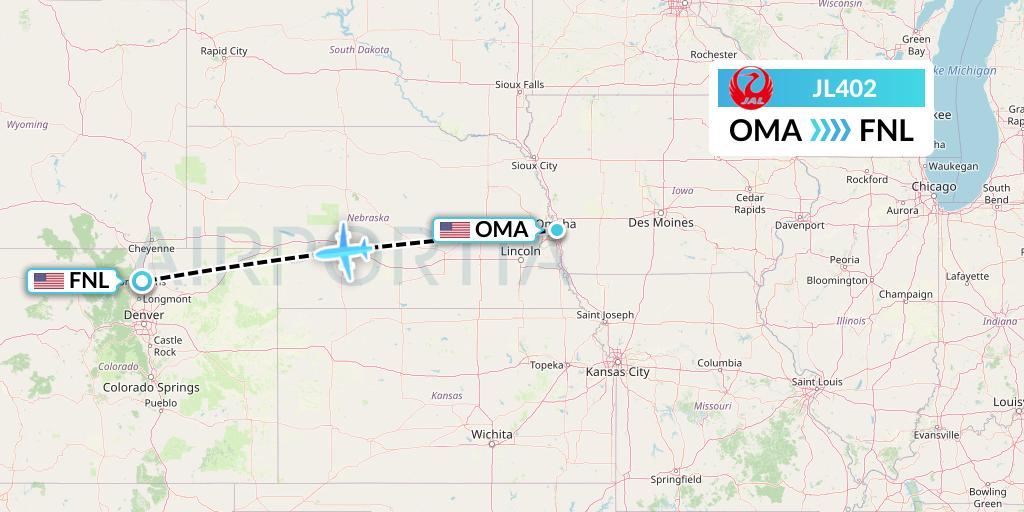 JL402 Japan Airlines Flight Map: Omaha to Fort Collins