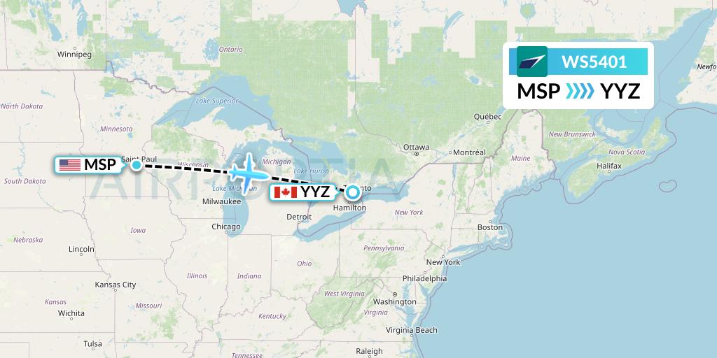 WS5401 WestJet Flight Map: Minneapolis to Toronto