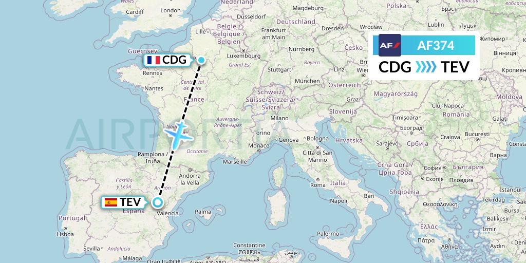 AF374 Air France Flight Map: Paris to Teruel