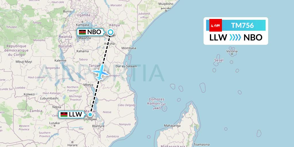 TM756 LAM Mozambique Airlines Flight Map: Lilongwe to Nairobi