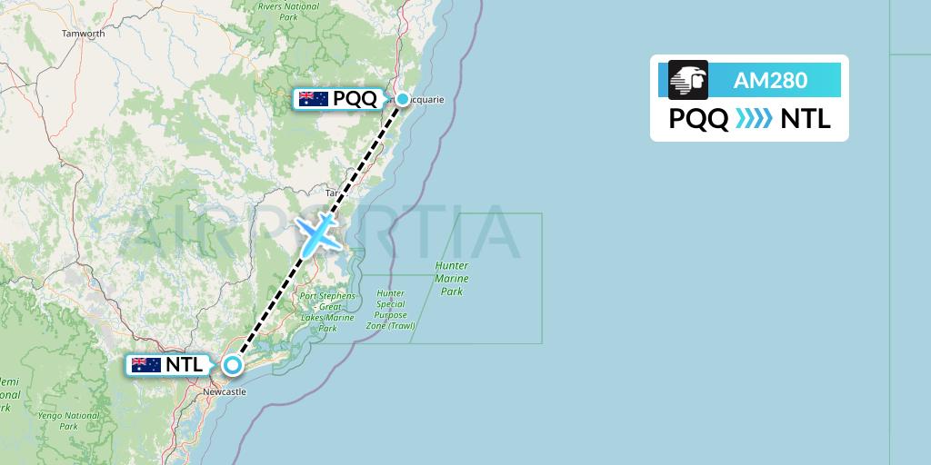 AM280 Aeromexico Flight Map: Port Macquarie to Newcastle