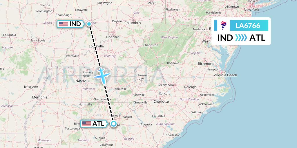 LA6766 LAN Airlines Flight Map: Indianapolis to Atlanta