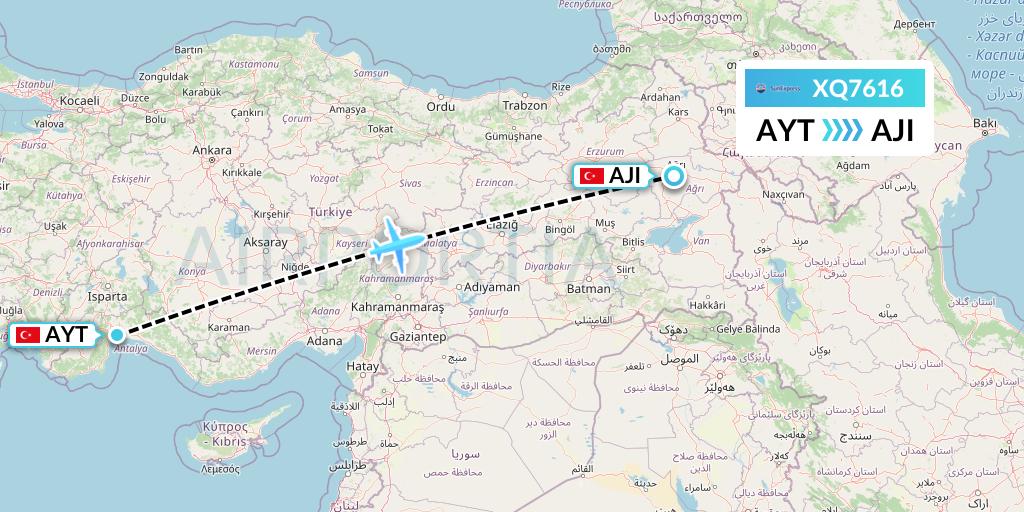 XQ7616 SunExpress Flight Map: Antalya to Agri