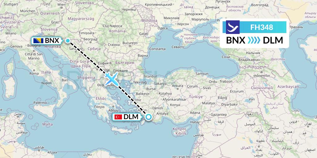 FH348 Freebird Airlines Flight Map: Banja Luka to Dalaman