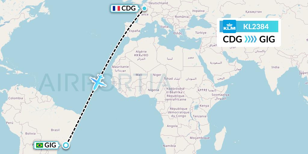 KL2384 KLM Flight Map: Paris to Rio de Janeiro