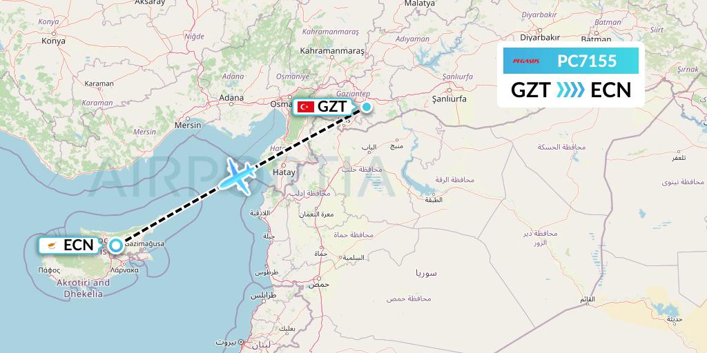 PC7155 Pegasus Airlines Flight Map: Gaziantep to Tymvou