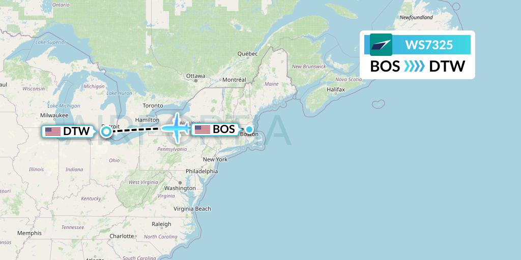 WS7325 WestJet Flight Map: Boston to Detroit