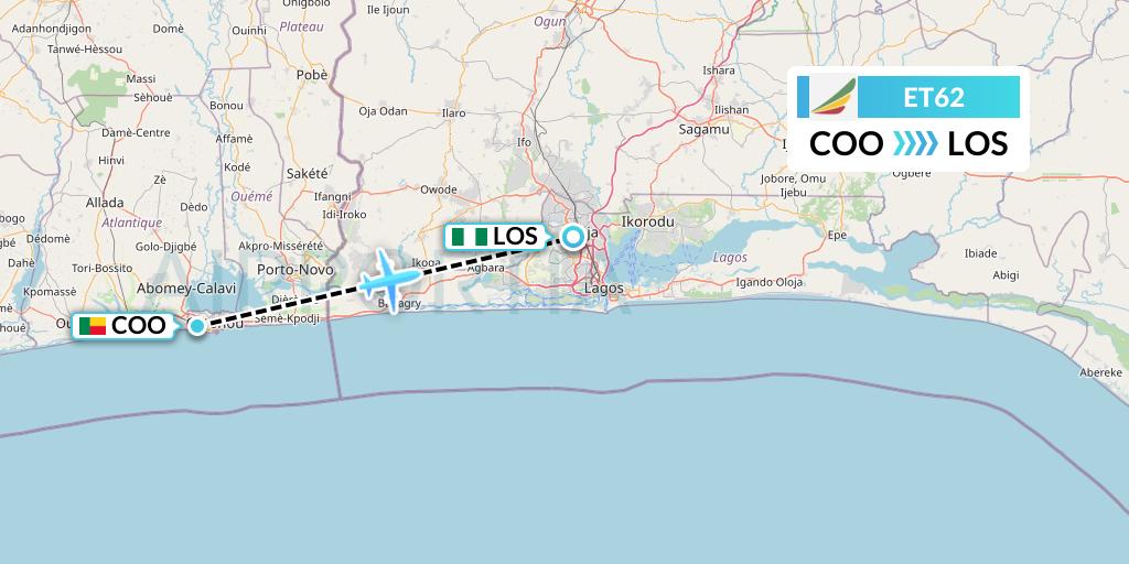 ET62 Ethiopian Airlines Flight Map: Cotonou to Lagos