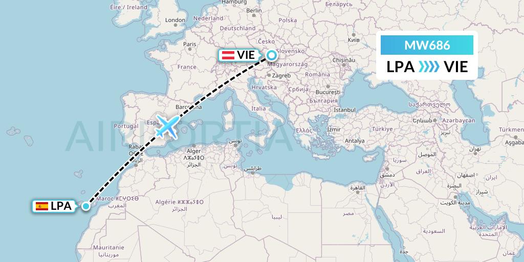 MW686 Mokulele Flight Service Flight Map: Las Palmas to Vienna