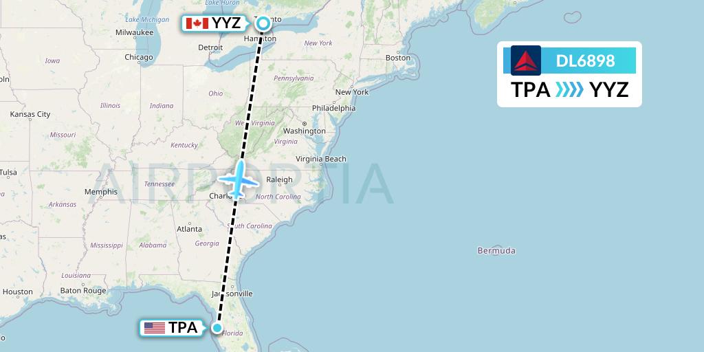 DL6898 Delta Air Lines Flight Map: Tampa to Toronto