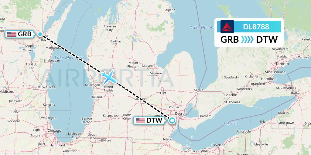 DL8788 Delta Air Lines Flight Map: Green Bay to Detroit