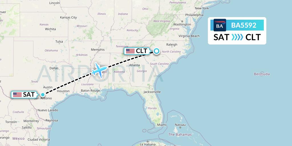 BA5592 British Airways Flight Map: San Antonio to Charlotte