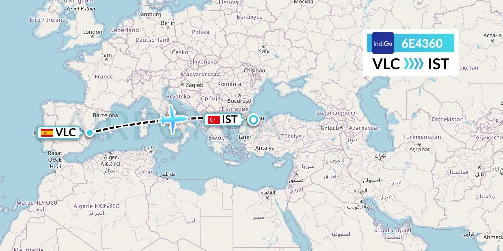 6E4360 IndiGo Airlines Flight Map: Valencia to Istanbul