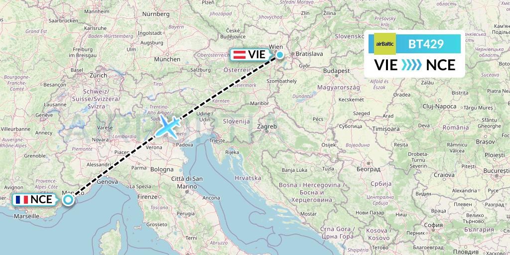 BT429 Air Baltic Flight Map: Vienna to Nice