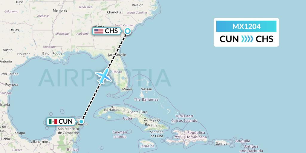 MX1204 Breeze Airways Flight Map: Cancun to Charleston