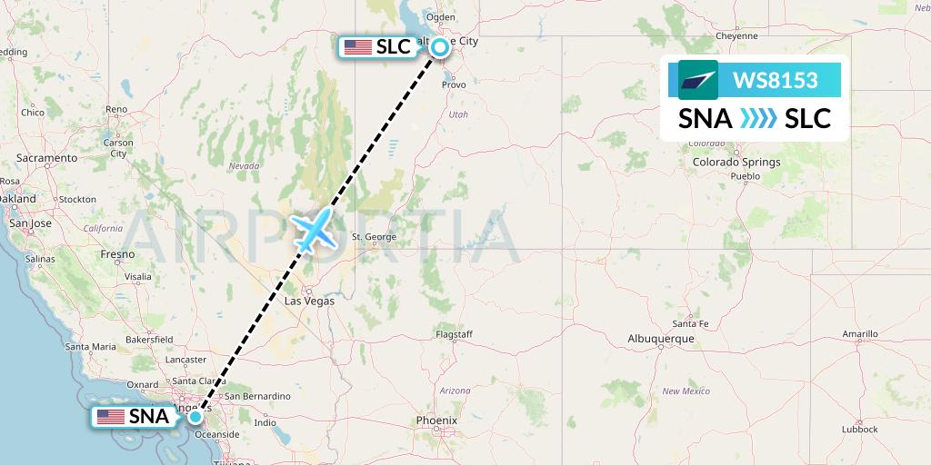 WS8153 WestJet Flight Map: Orange County to Salt Lake City