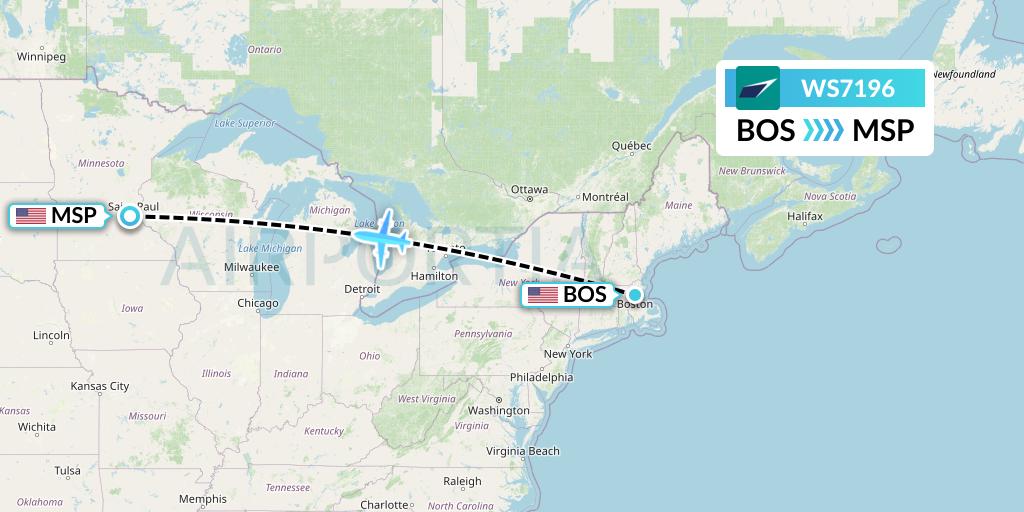 WS7196 WestJet Flight Map: Boston to Minneapolis