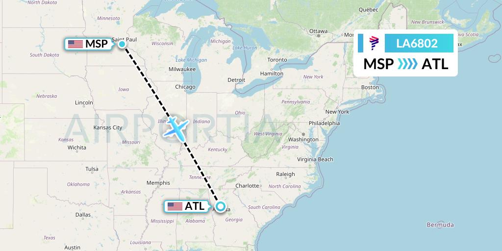 LA6802 LAN Airlines Flight Map: Minneapolis to Atlanta