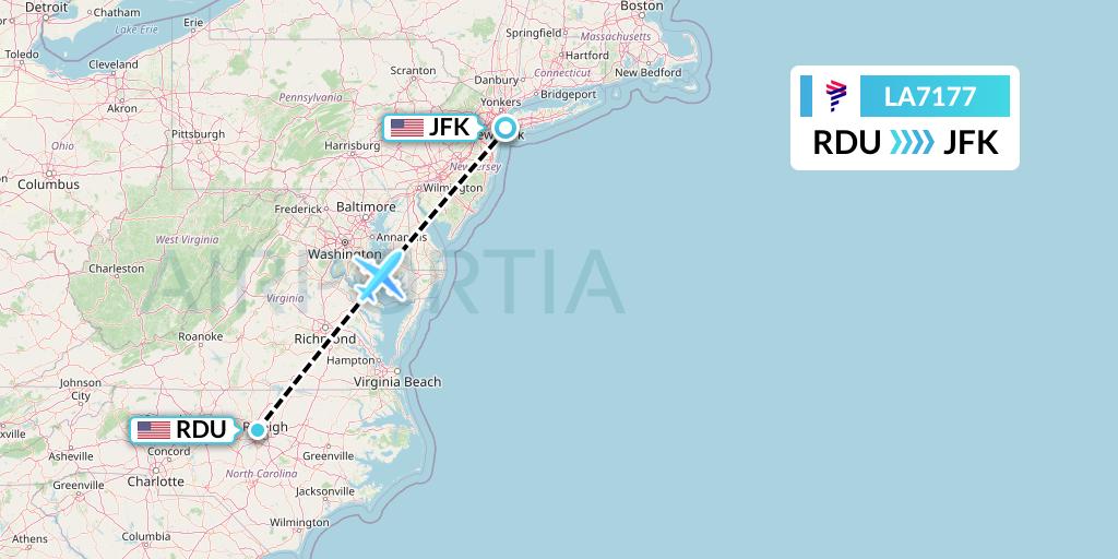 LA7177 LAN Airlines Flight Map: Raleigh-Durham to New York
