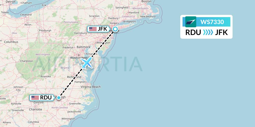 WS7330 WestJet Flight Map: Raleigh-Durham to New York